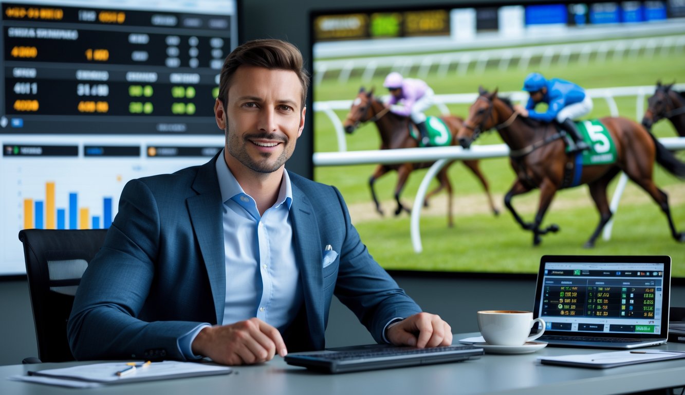 Seorang pria duduk di meja dengan perangkat digital menampilkan data balap kuda dan peluang taruhan, di latar belakang layar besar menunjukkan balapan kuda yang sedang berlangsung.