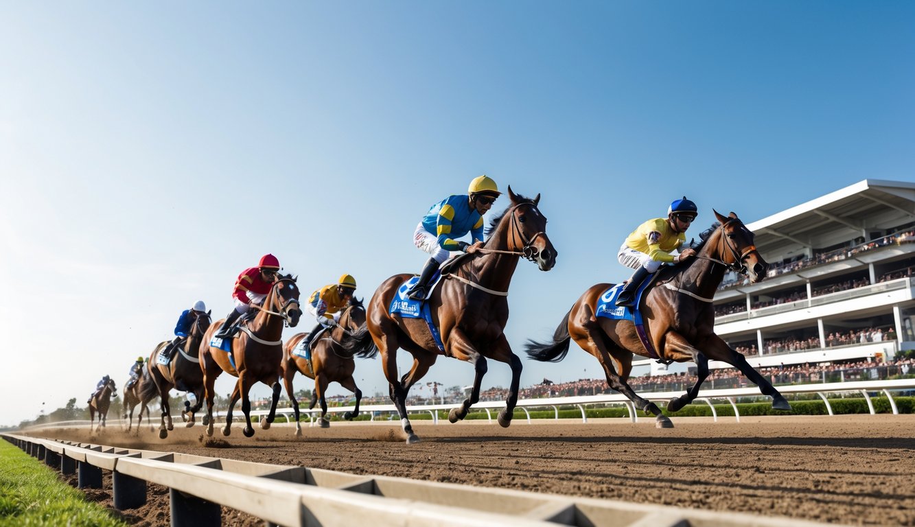 Lomba balap kuda resmi dengan joki mengenakan pakaian warna-warni sedang berlari di lintasan balap di hadapan penonton.