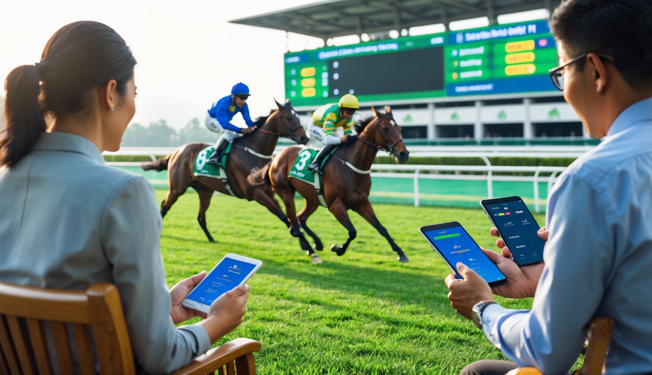 Suasana balap kuda resmi di Indonesia dengan kuda dan joki sedang berlomba di lintasan hijau dan orang-orang menggunakan perangkat digital untuk memasang taruhan dengan cepat dan aman.