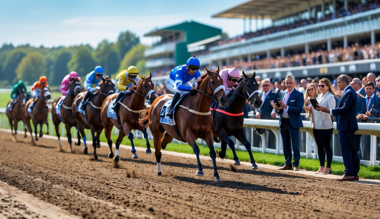 Beberapa kuda pacu dengan joki berwarna-warni sedang berlari di lintasan pacuan kuda dengan penonton menonton dan memasang taruhan.