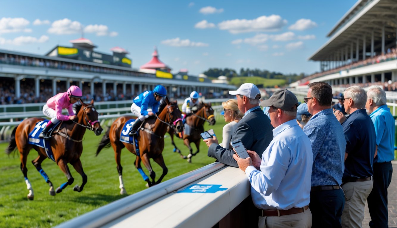 Beberapa kuda pacu dengan joki sedang berlari di lintasan balap kuda resmi, dengan penonton dan petaruh yang mengamati perlombaan di latar depan.