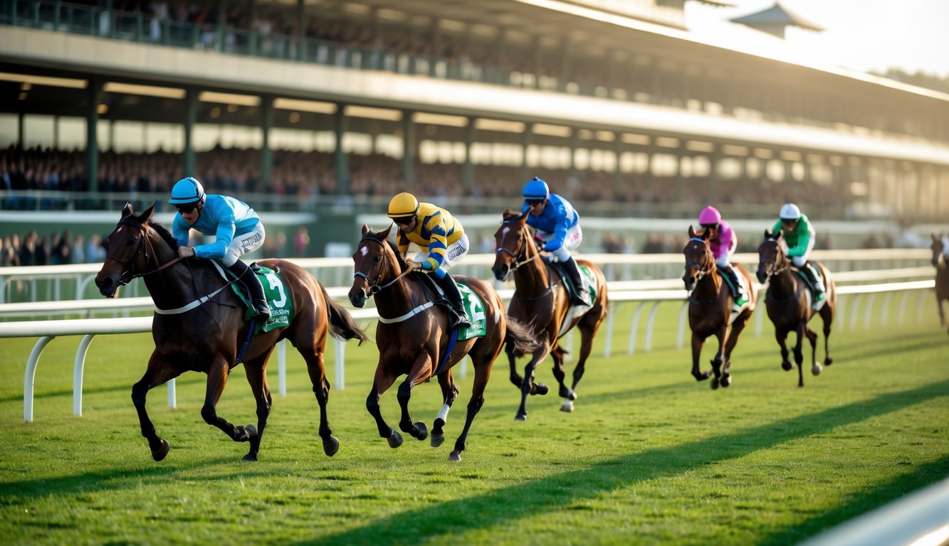Adegan balap kuda dengan beberapa kuda dan joki berlari di lintasan balap dengan tribun penonton di latar belakang.