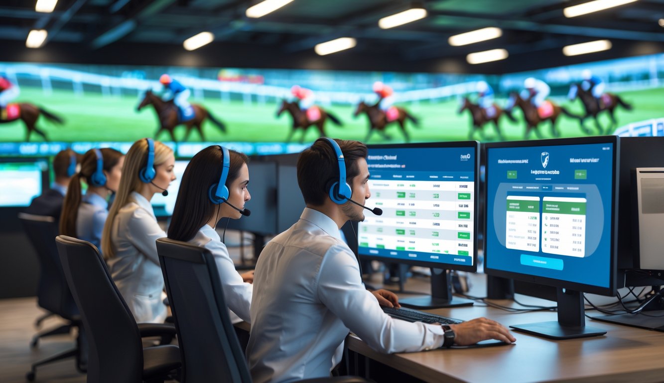 Tim layanan pelanggan yang sedang bekerja dengan monitor menampilkan balap kuda di kantor modern.
