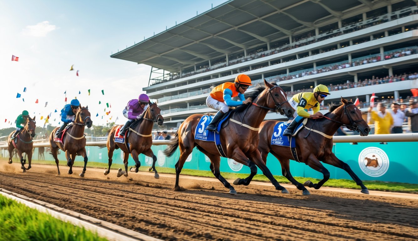 Beberapa kuda pacu dengan joki berlomba di lintasan pacuan kuda dengan tribun penonton yang ramai di latar belakang.