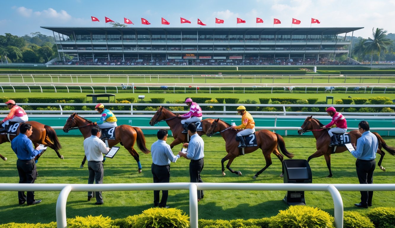 Suasana balap kuda resmi di Indonesia dengan joki menunggang kuda di lintasan dan orang-orang sedang memasang taruhan.