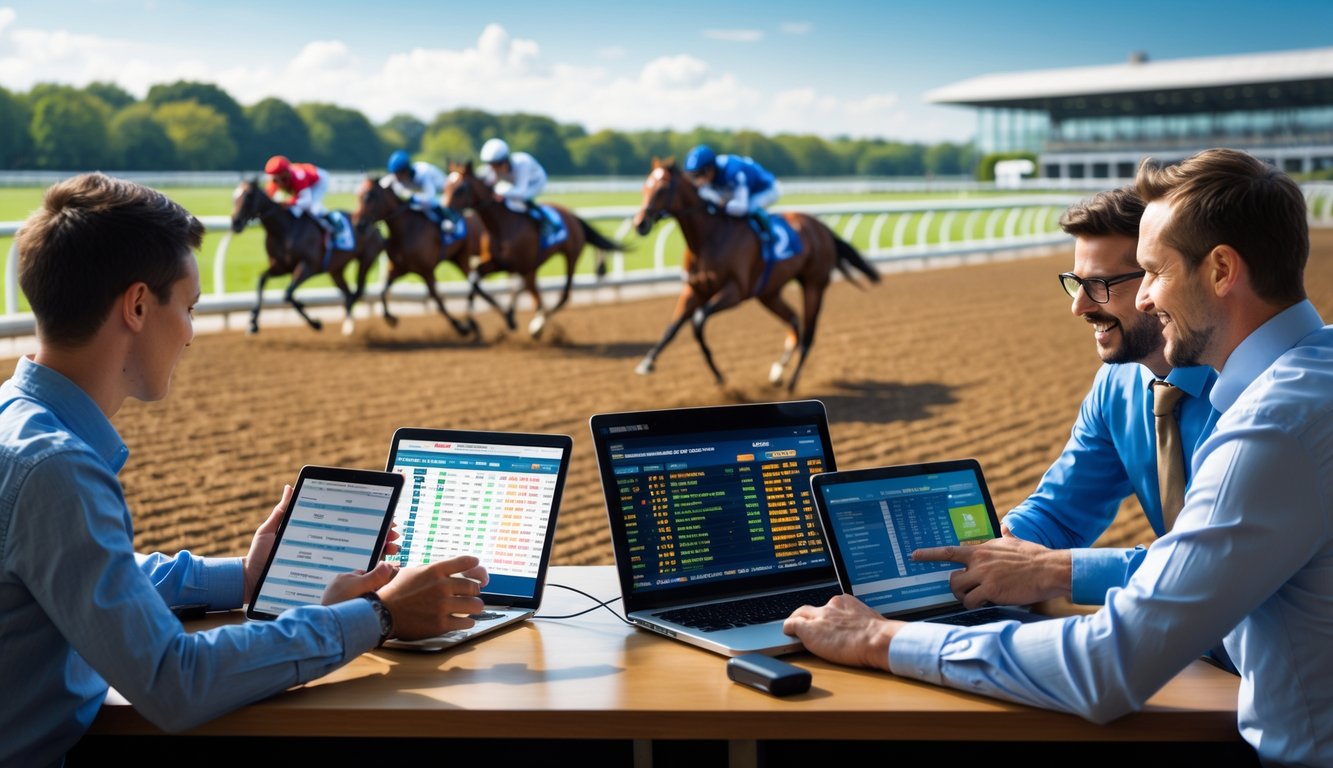 Lomba kuda sedang berlangsung dengan beberapa orang yang sedang memasang taruhan dan mengamati hasil lomba di sebuah arena balap kuda resmi.
