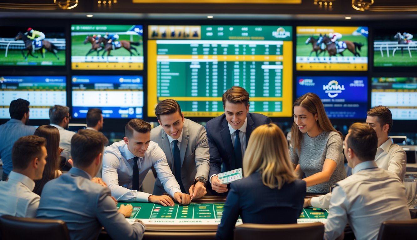 Sekelompok orang sedang menonton dan memasang taruhan pada balap kuda resmi di sebuah ruang taruhan modern dengan layar besar menampilkan hasil balapan.
