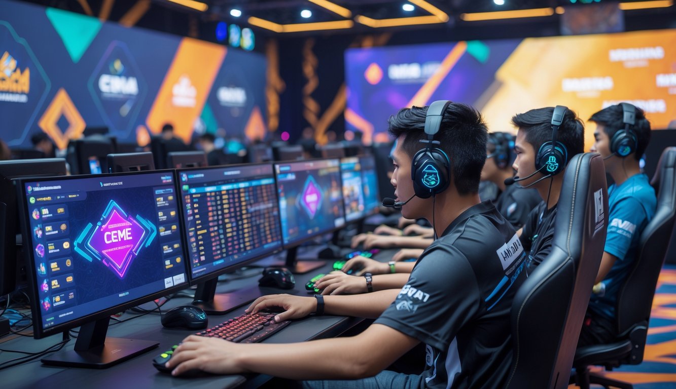 Sekelompok orang muda sedang bermain turnamen game kartu online di ruangan modern dengan layar besar dan suasana kompetitif.