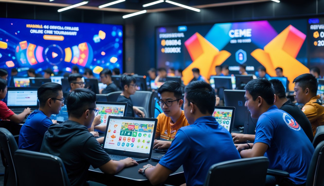 Sekelompok orang muda bermain permainan kartu online bersama di ruangan modern dengan layar digital di latar belakang.