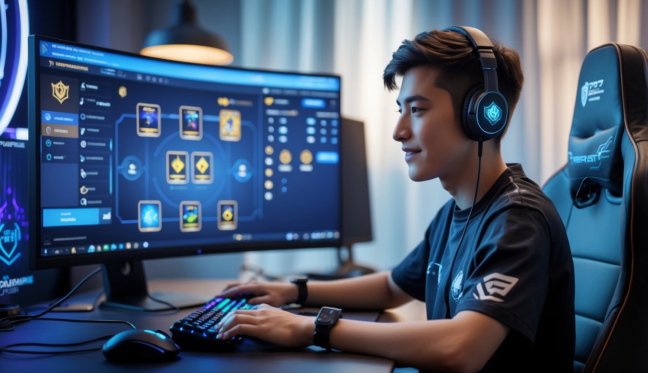 Seorang pria muda sedang bermain game kartu online di depan komputer di sebuah ruangan modern.