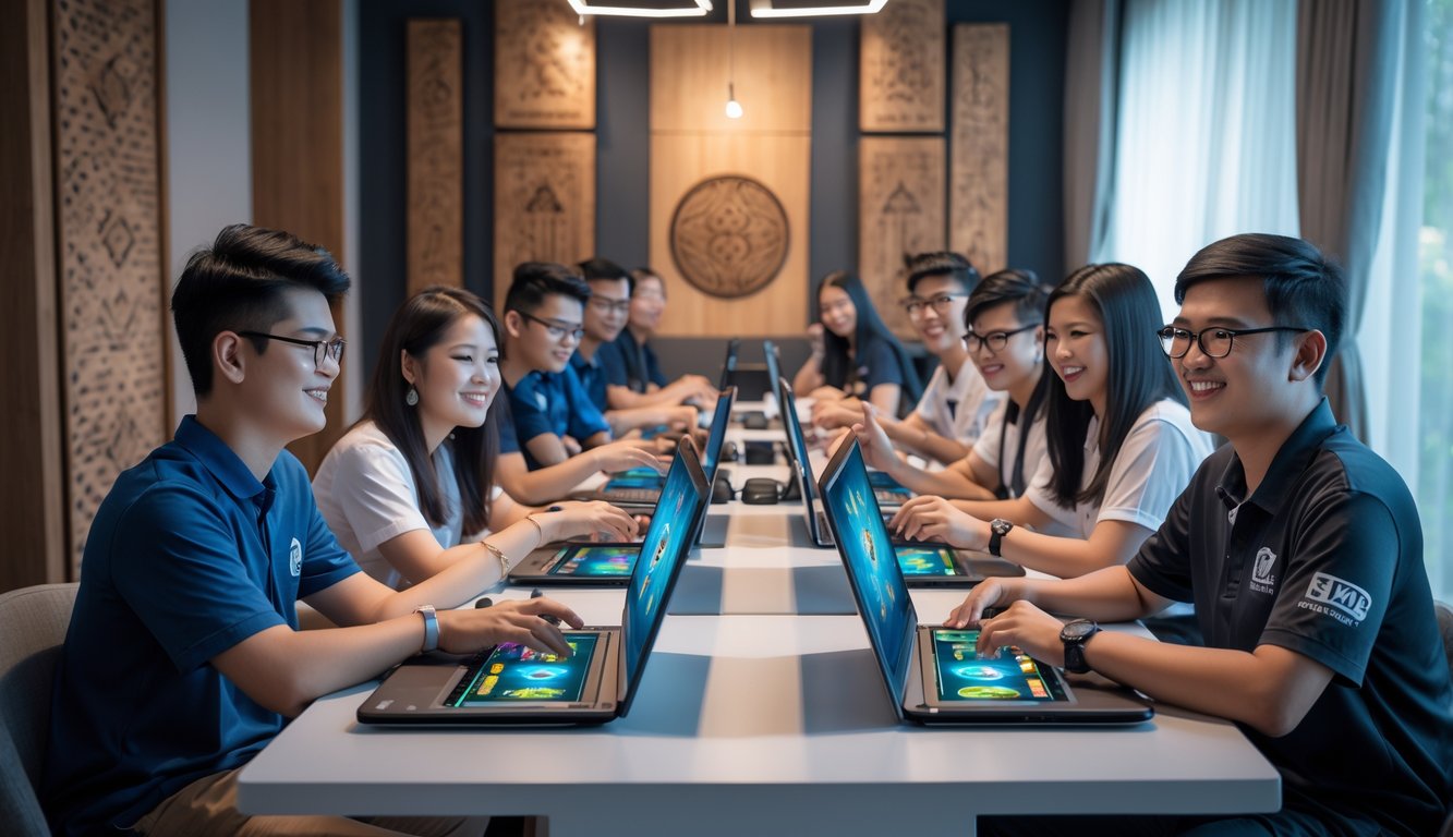 Sekelompok orang muda bermain permainan kartu online bersama di sebuah ruangan yang nyaman dan terang.