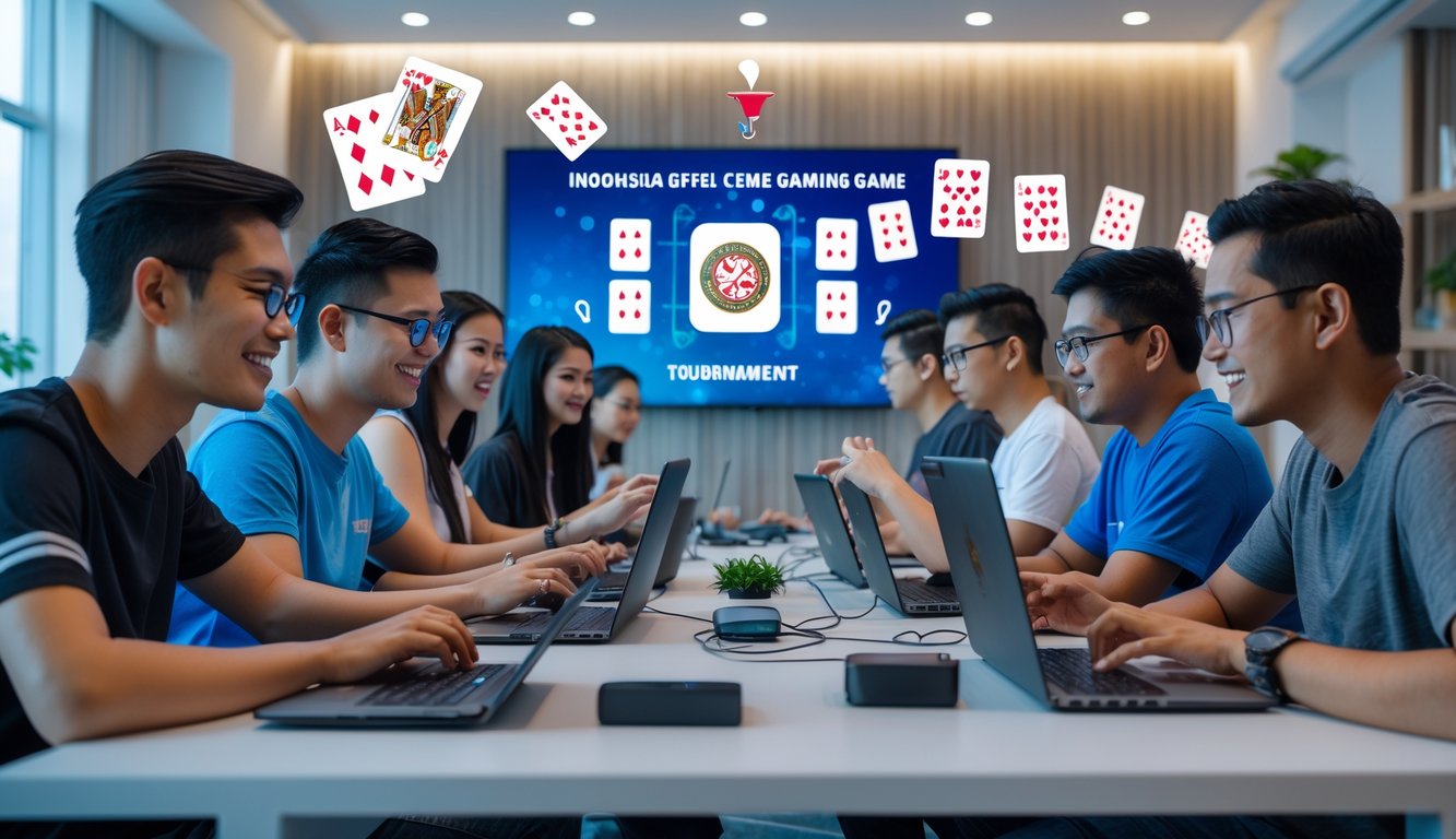 Sekelompok orang muda bermain permainan kartu Ceme secara online di ruangan modern dengan laptop dan ponsel.