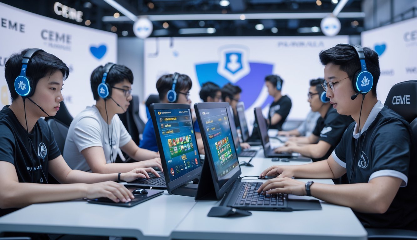 Sekelompok pemain bermain game kartu online di meja dengan komputer dan tablet dalam suasana turnamen resmi yang adil dan terpercaya.