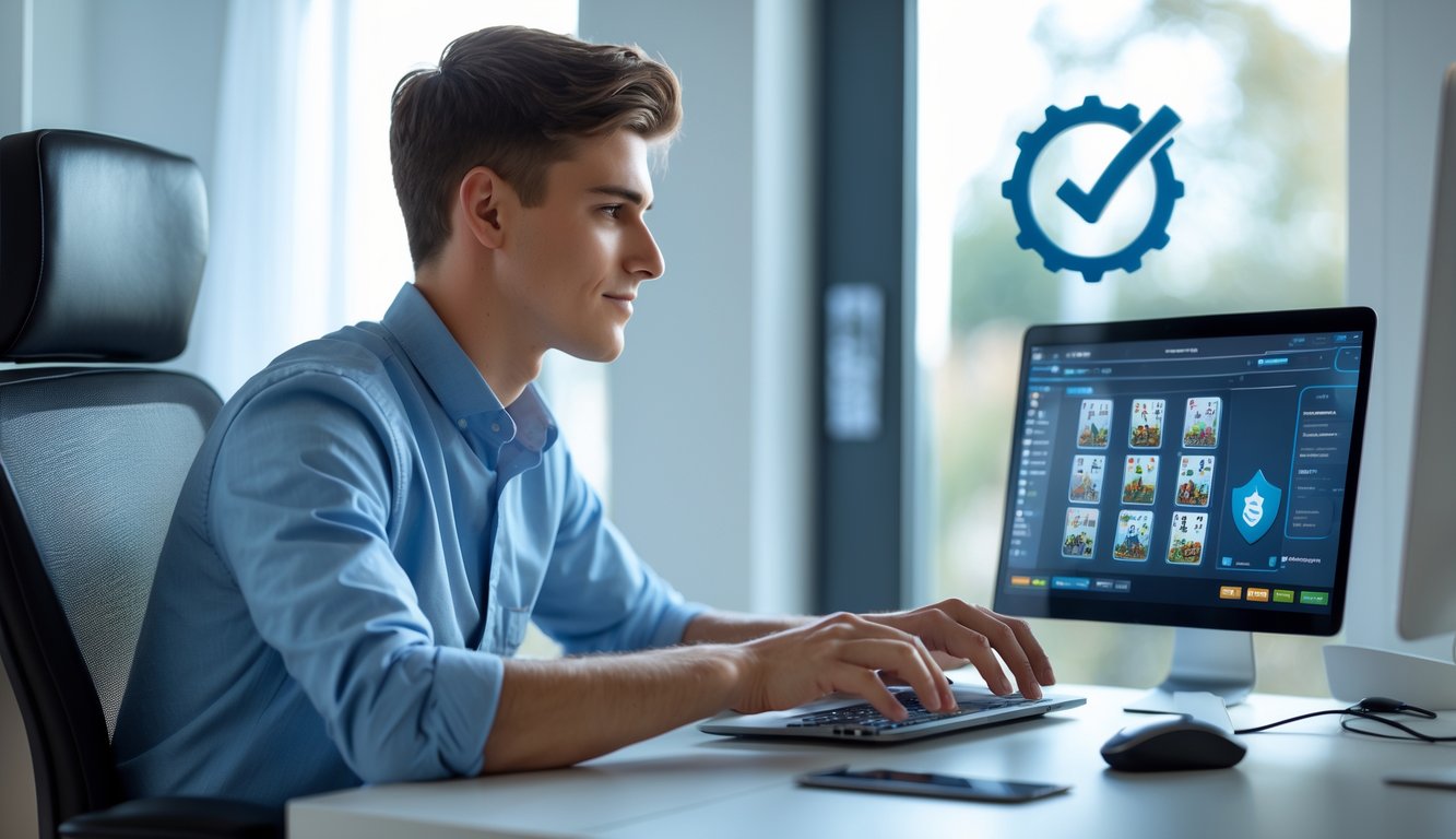 Seorang pria muda duduk di depan laptop di ruang kerja modern, fokus bermain permainan kartu online dengan suasana yang aman dan profesional.