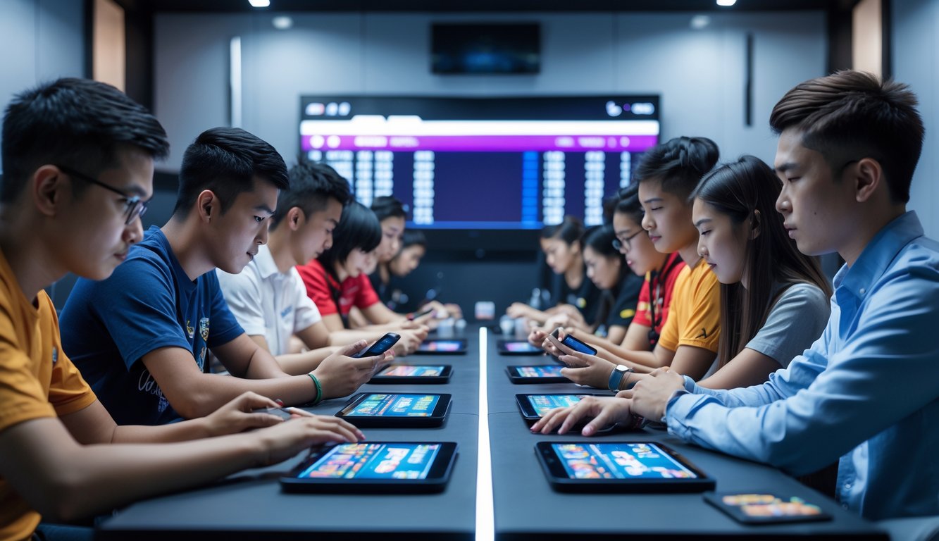 Sekelompok orang muda serius bermain permainan kartu Ceme secara online menggunakan ponsel di sebuah ruangan modern.