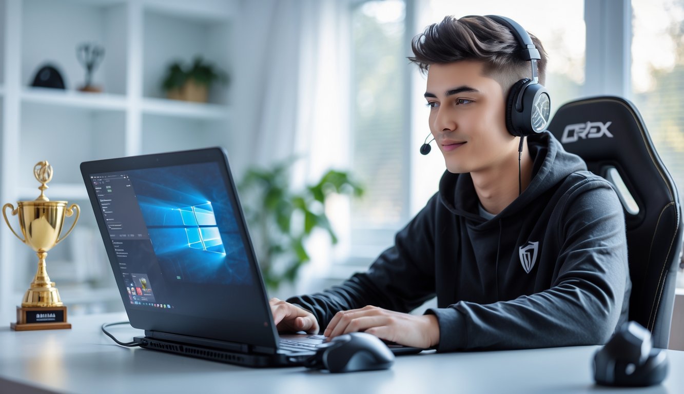 Seorang pria muda duduk di meja dengan laptop, tampak fokus dan percaya diri di ruang kerja rumah yang terang dan rapi.