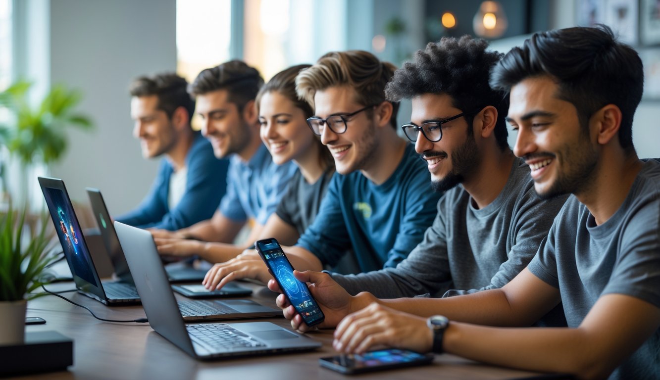 Sekelompok orang muda bermain turnamen kartu online dengan perangkat digital di ruangan modern yang terang.