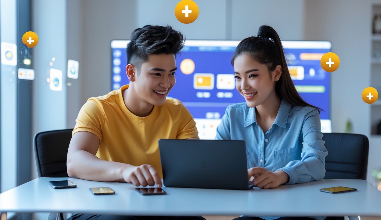 Dua orang muda sedang bermain permainan kartu online di laptop di sebuah ruangan terang dan modern.