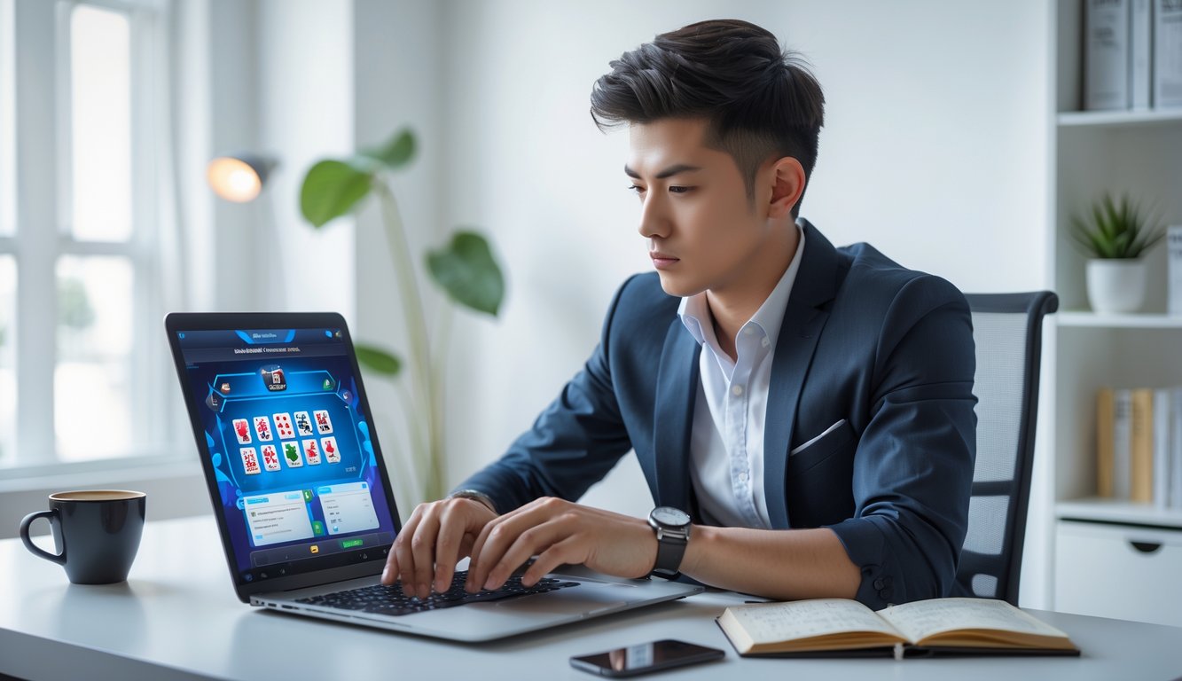 Seorang pria muda duduk di meja modern dengan laptop, fokus bermain permainan kartu online di ruang kerja yang terang dan rapi.
