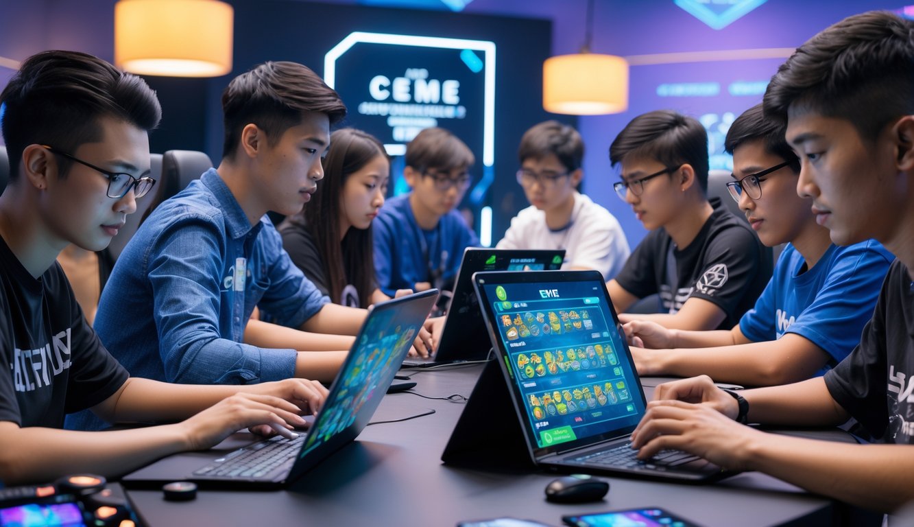 Sekelompok orang muda sedang serius bermain permainan kartu Ceme secara online di meja dengan laptop dan tablet dalam ruangan turnamen yang terang dan modern.