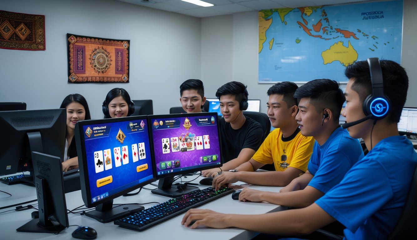 Sekelompok orang muda sedang bermain turnamen kartu online di ruang gaming modern dengan komputer dan headset.