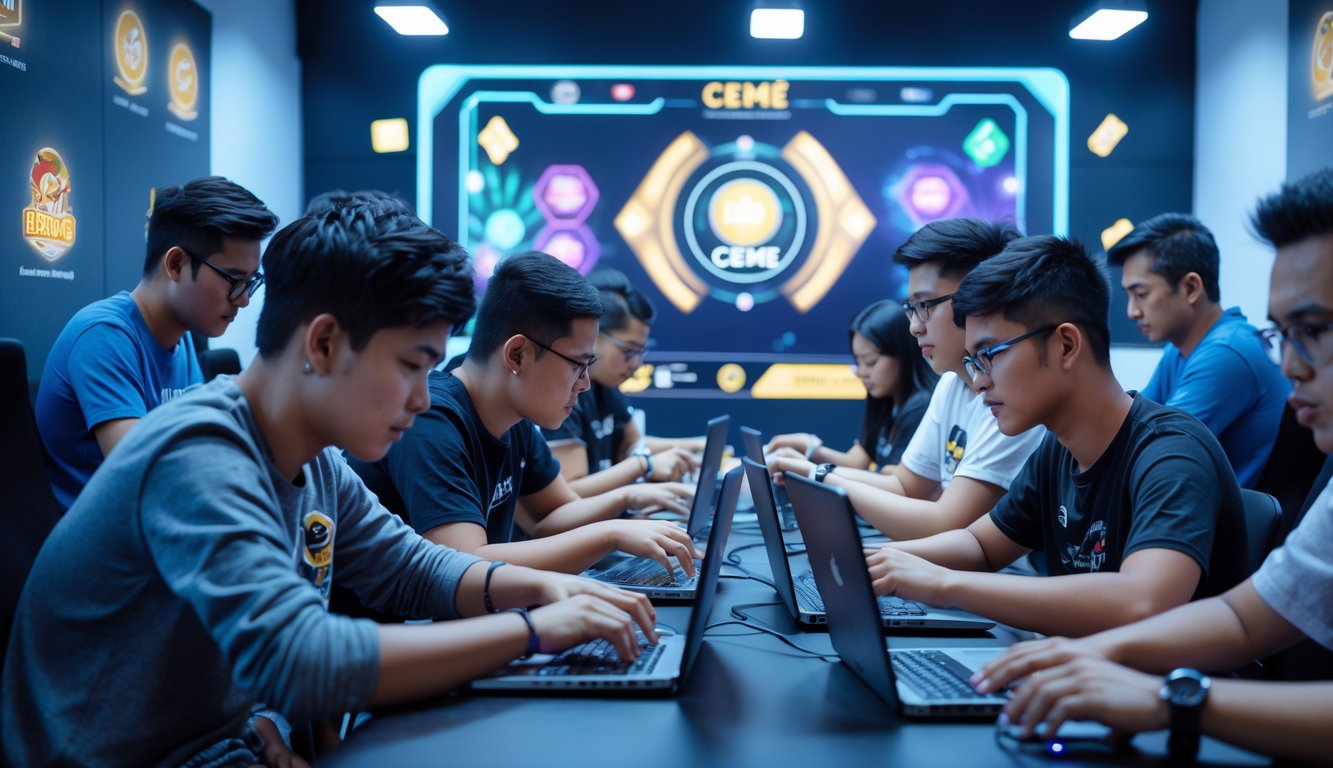 Sekelompok orang muda bermain game kartu Ceme secara online dengan laptop dan ponsel di ruangan modern yang terang.