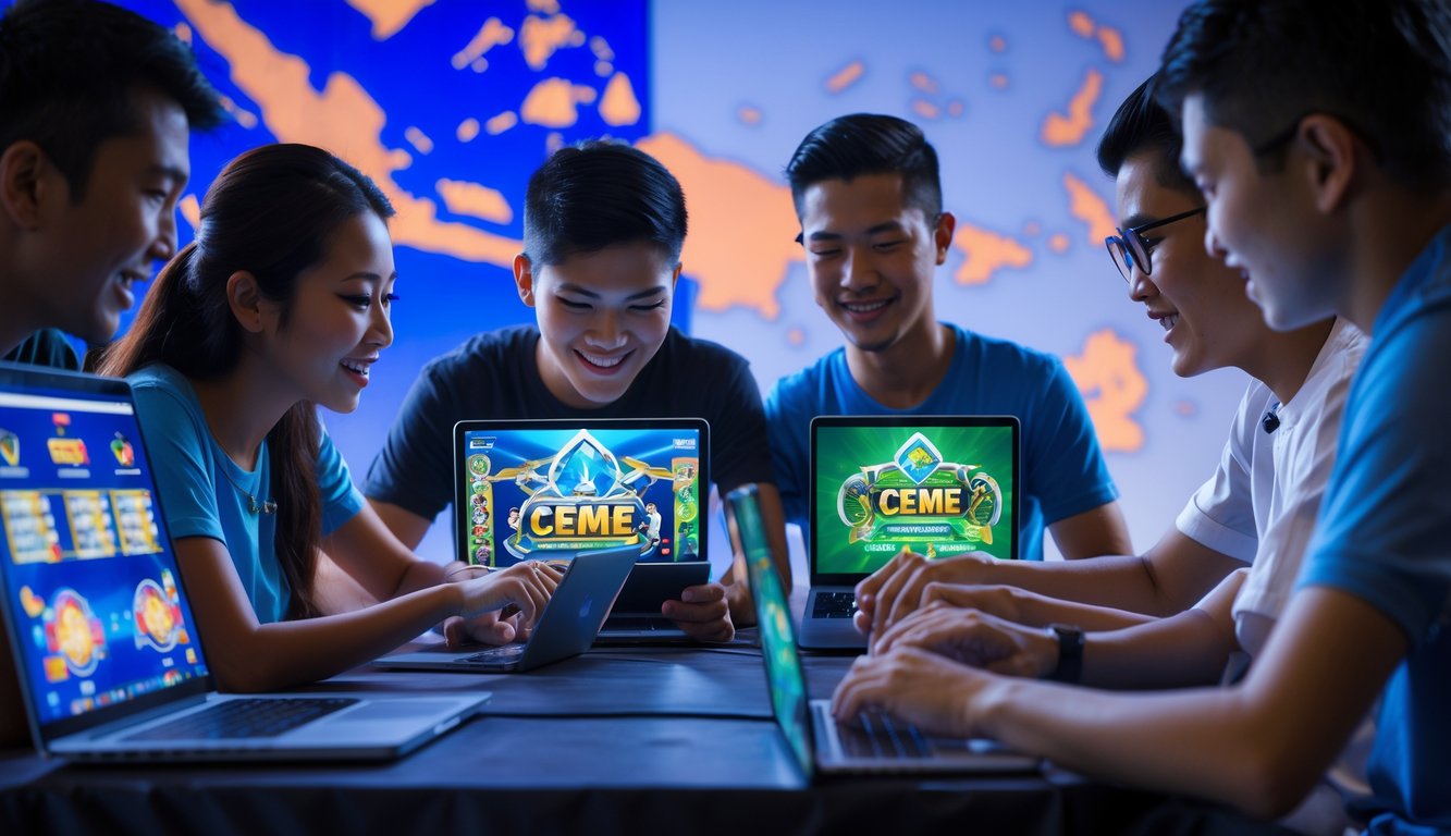 Beberapa orang muda sedang bermain game online Ceme menggunakan laptop dan ponsel dalam suasana kompetisi yang semangat dan resmi.