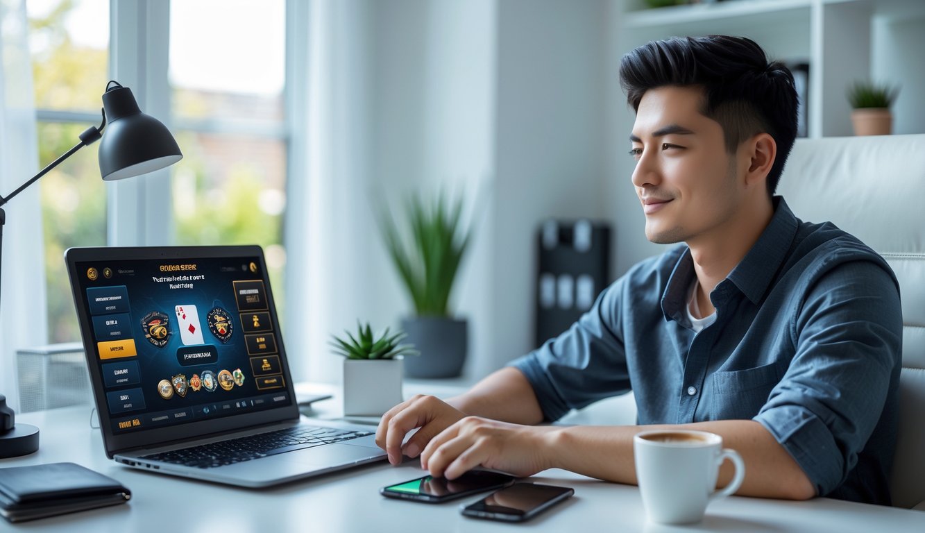 Seorang pria muda duduk santai di depan laptop yang menampilkan permainan kartu online, terlihat fokus dan nyaman di ruang kerja rumah yang terang.