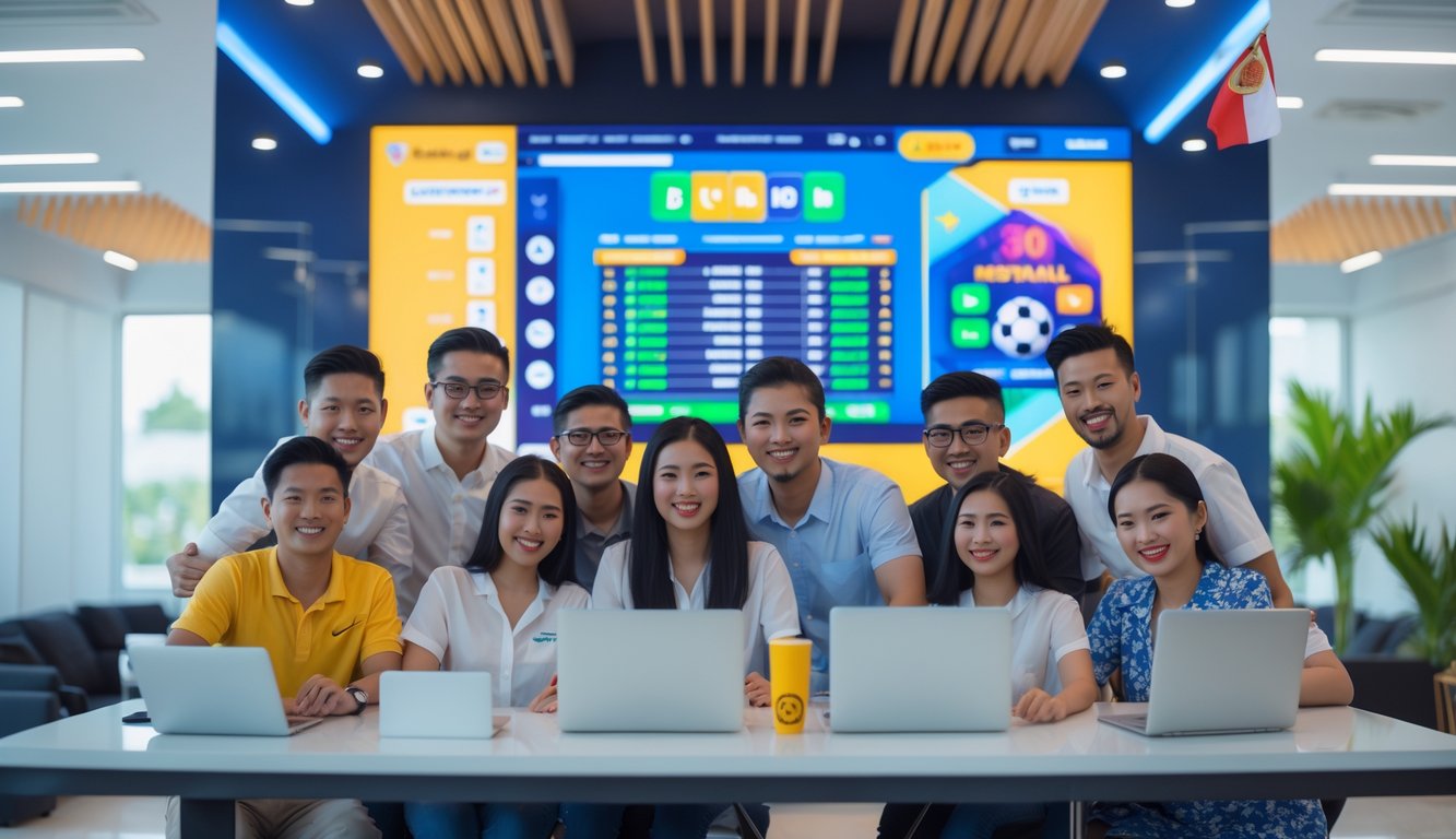 Sekelompok orang muda yang bahagia berkumpul di sekitar layar digital besar menampilkan pertandingan sepak bola dan peluang taruhan, dengan perangkat teknologi di lingkungan kantor modern yang terang.