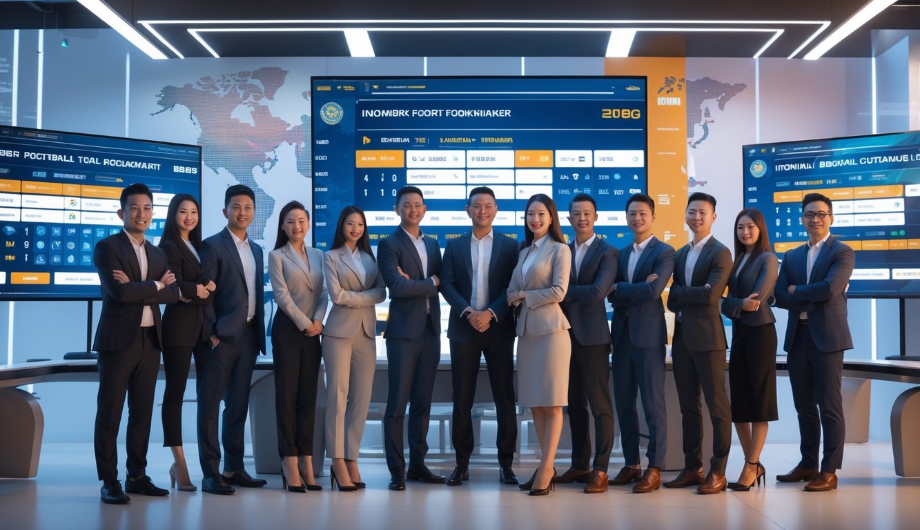 Sekelompok orang muda profesional sedang melihat layar besar yang menampilkan statistik dan peluang taruhan sepak bola dalam suasana kantor modern.