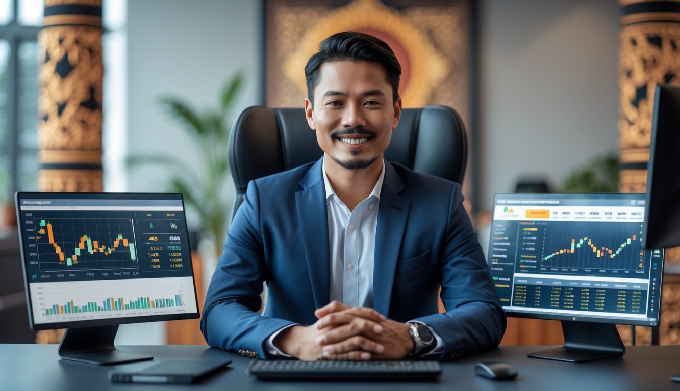 Seorang pria bisnis Indonesia tersenyum duduk di meja kantor modern dengan perangkat digital yang menampilkan grafik dan data terkait taruhan olahraga online.