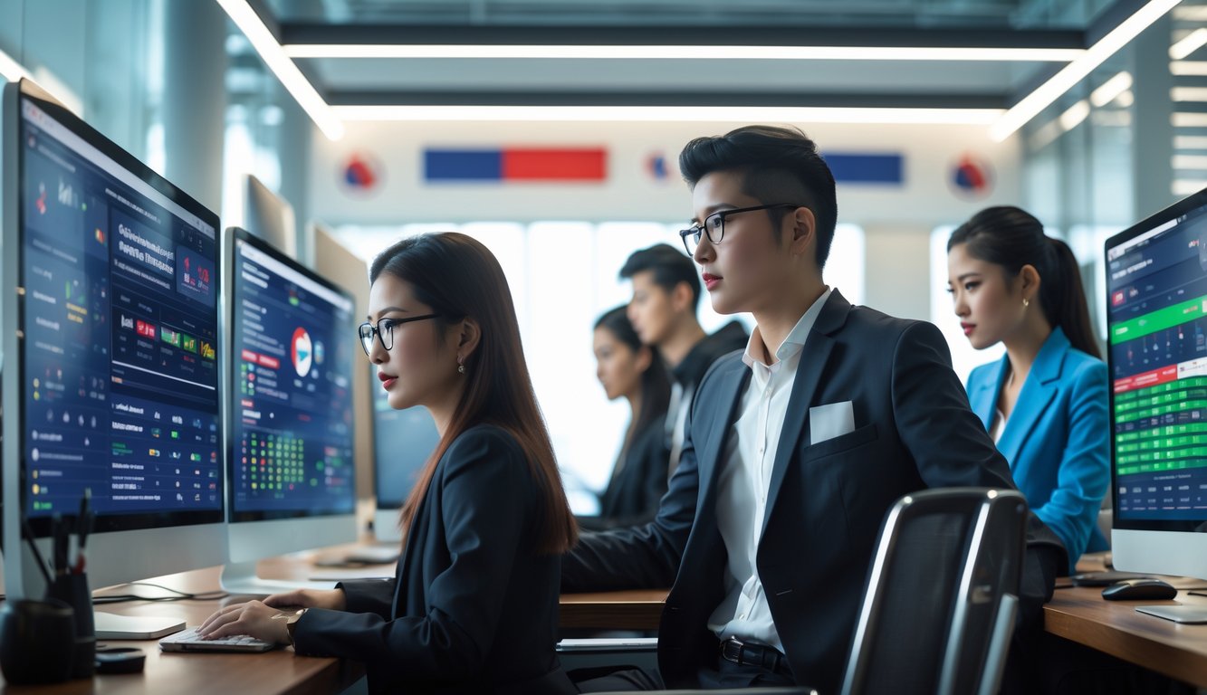 Sekelompok profesional muda sedang bekerja dengan komputer yang menampilkan data sepak bola dan statistik di kantor modern.