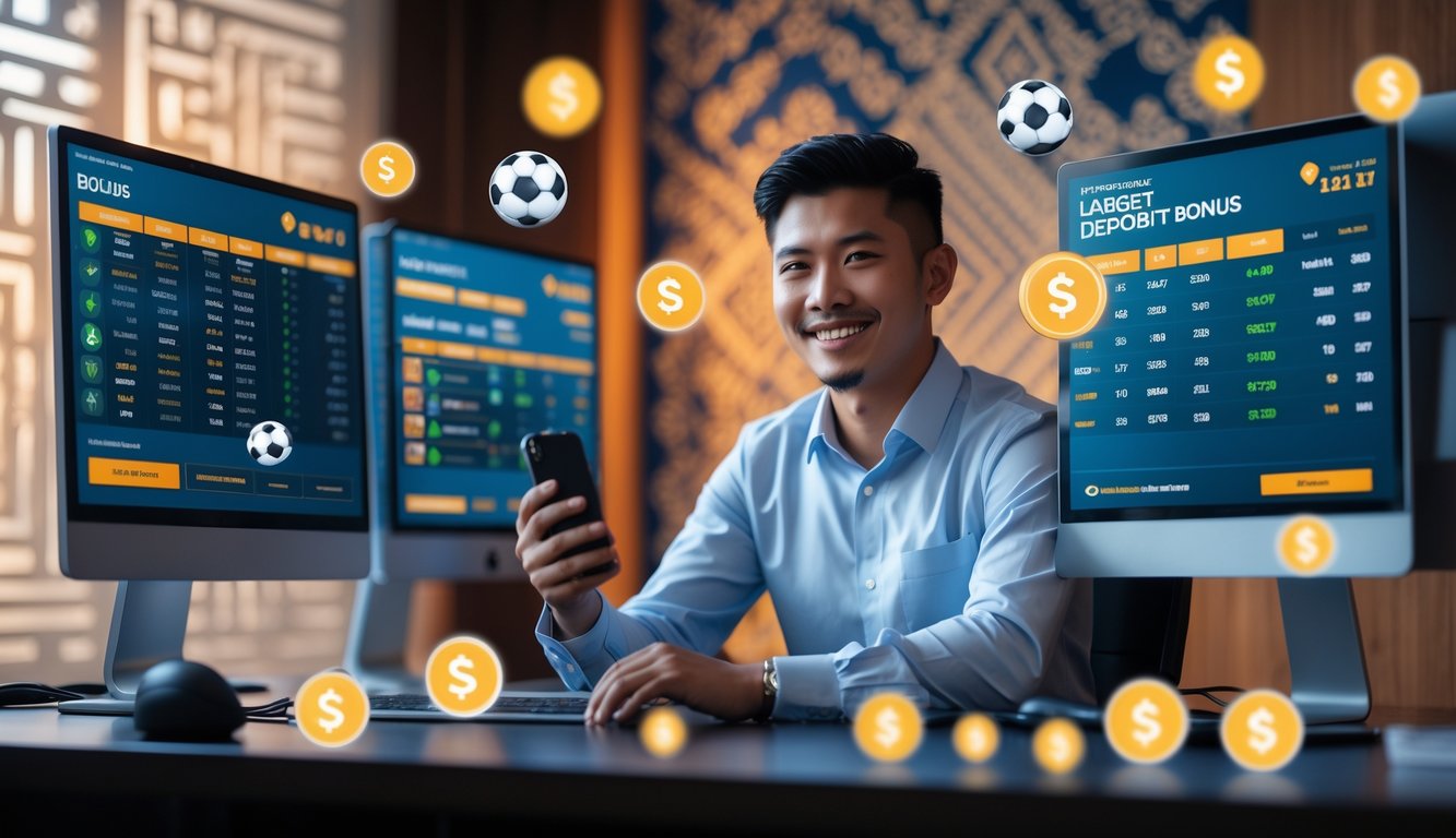 Seorang pria muda Indonesia duduk di depan komputer dengan layar yang menampilkan statistik pertandingan sepak bola dan peluang taruhan, di ruangan dengan dekorasi batik dan pencahayaan hangat.