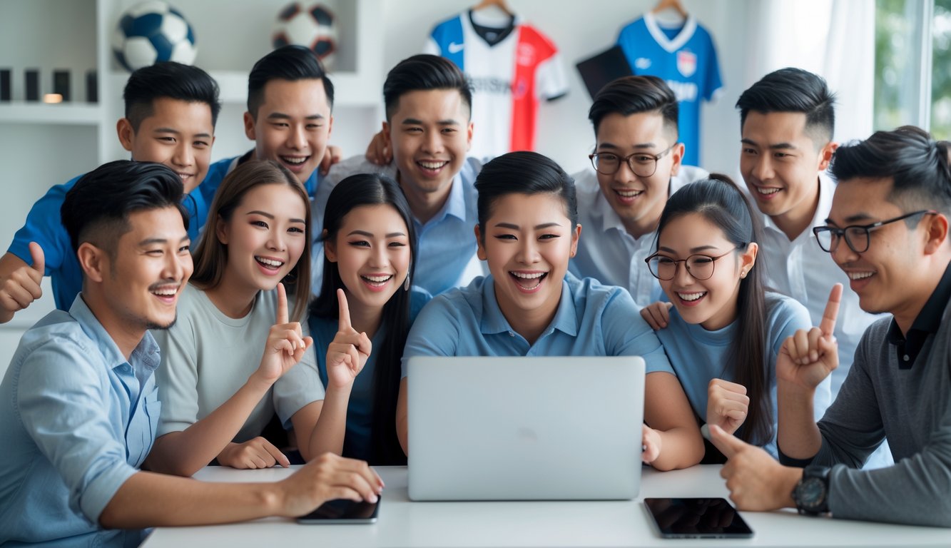 Sekelompok orang muda sedang menggunakan laptop dan ponsel untuk taruhan bola online di ruang kerja modern dengan dekorasi olahraga.