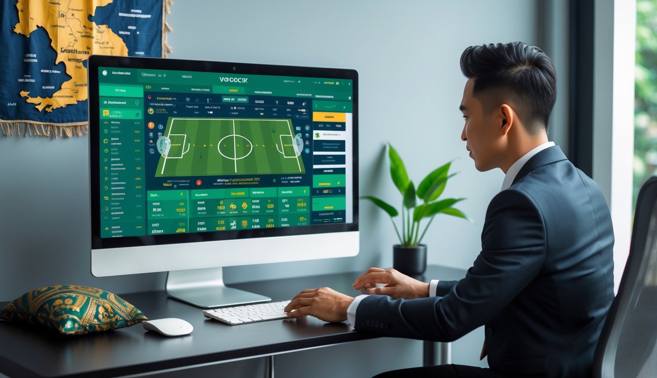 Seorang profesional menggunakan komputer dengan tampilan antarmuka taruhan sepak bola online di ruang kerja modern yang elegan.