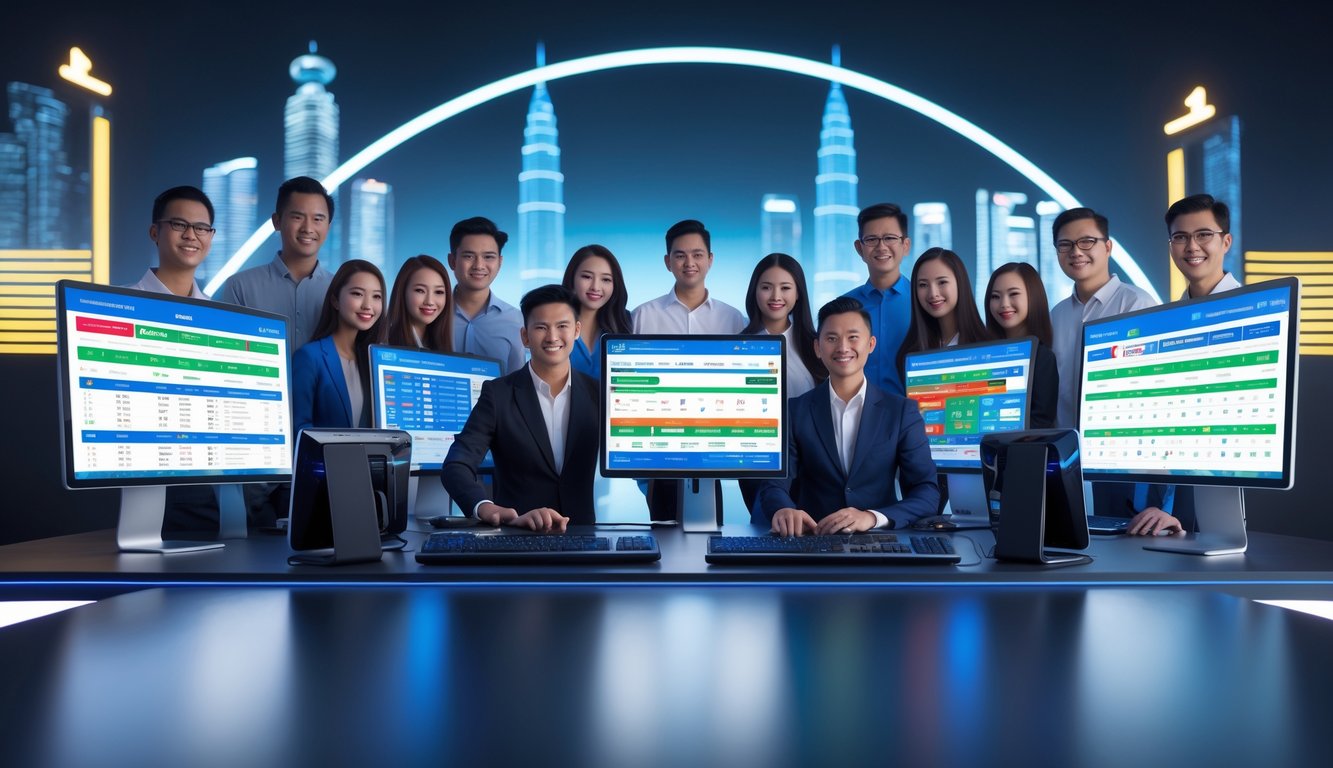 Sekelompok orang muda sedang menggunakan komputer dengan tampilan taruhan sepak bola online di latar belakang yang mencerminkan suasana profesional dan terpercaya.