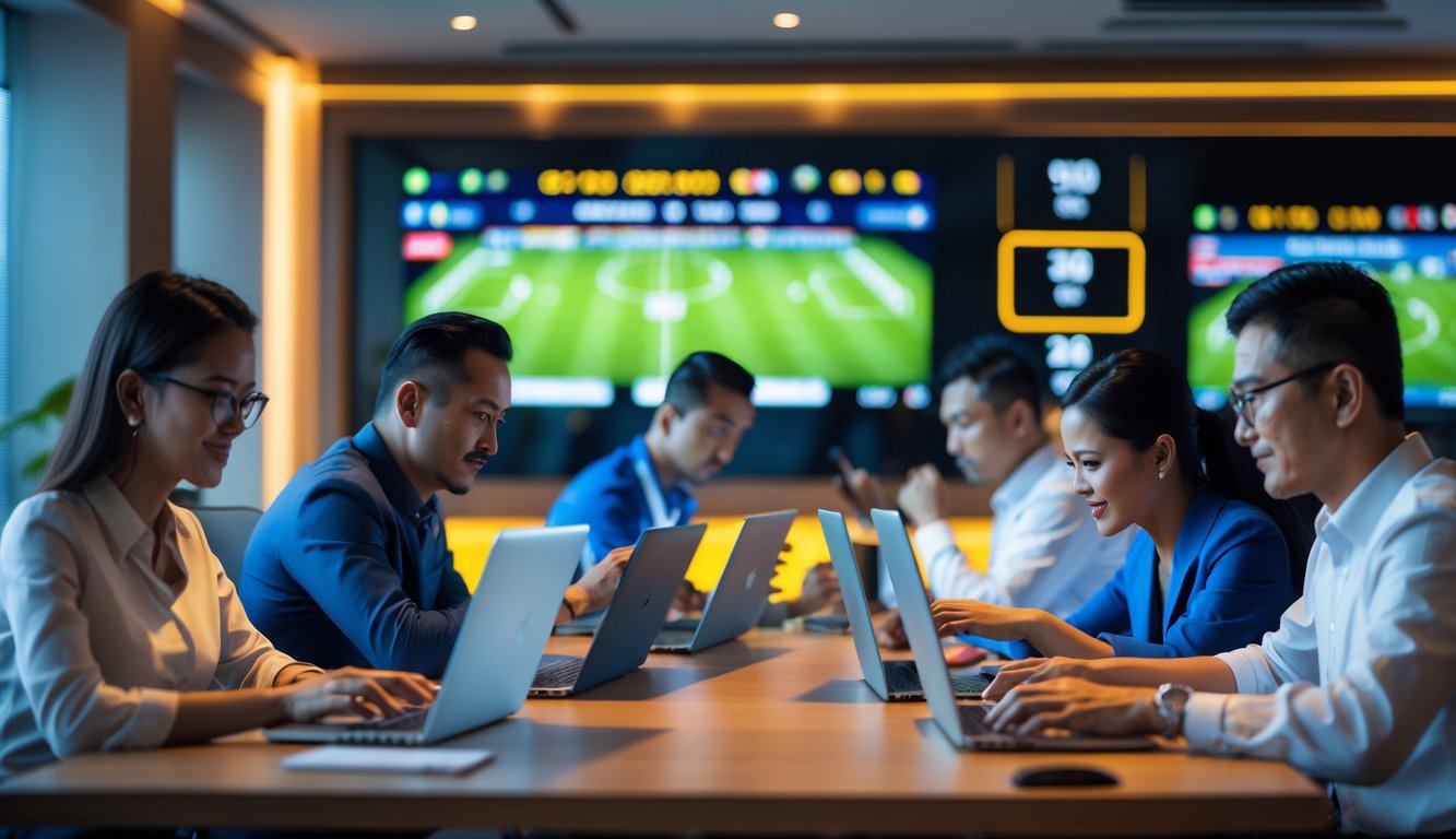 Beberapa orang menggunakan laptop dan ponsel di ruangan modern dengan layar yang menampilkan pertandingan sepak bola secara online.