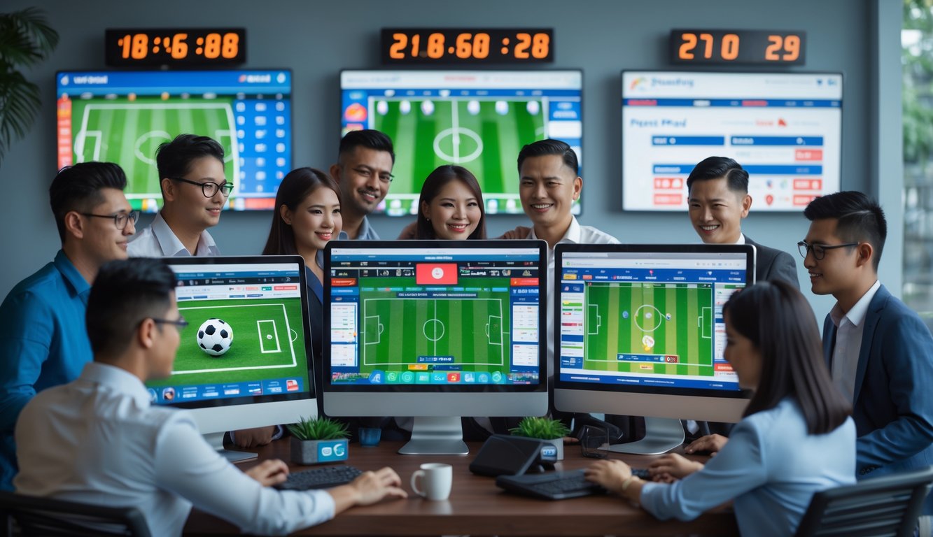 Sekelompok orang profesional sedang melihat layar komputer dengan pertandingan sepak bola dan data taruhan di sebuah kantor modern.