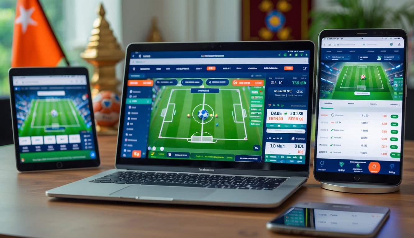 Meja kerja modern dengan perangkat digital yang menampilkan antarmuka taruhan bola online dan elemen dekorasi Indonesia di latar belakang.