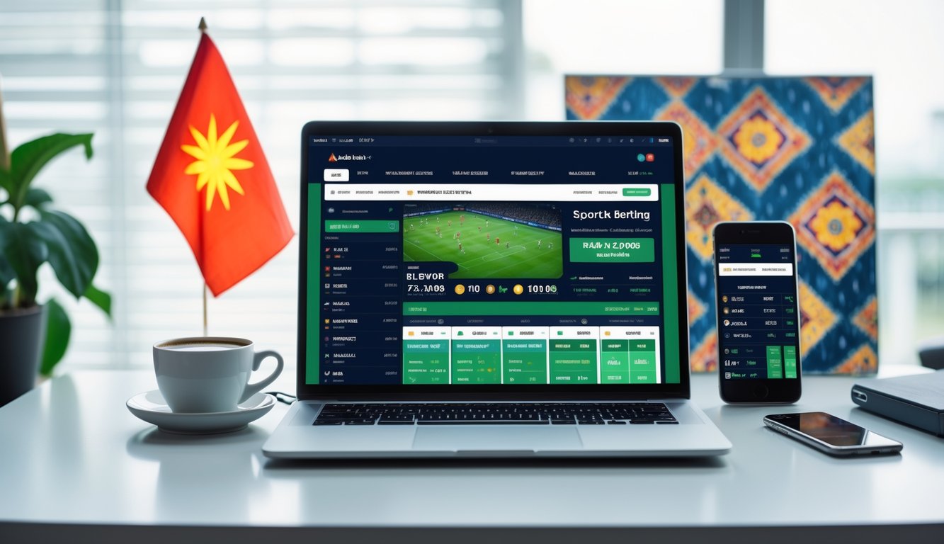 Seorang profesional menggunakan laptop di meja kerja dengan tampilan situs taruhan bola online dan elemen budaya Indonesia di sekitarnya.