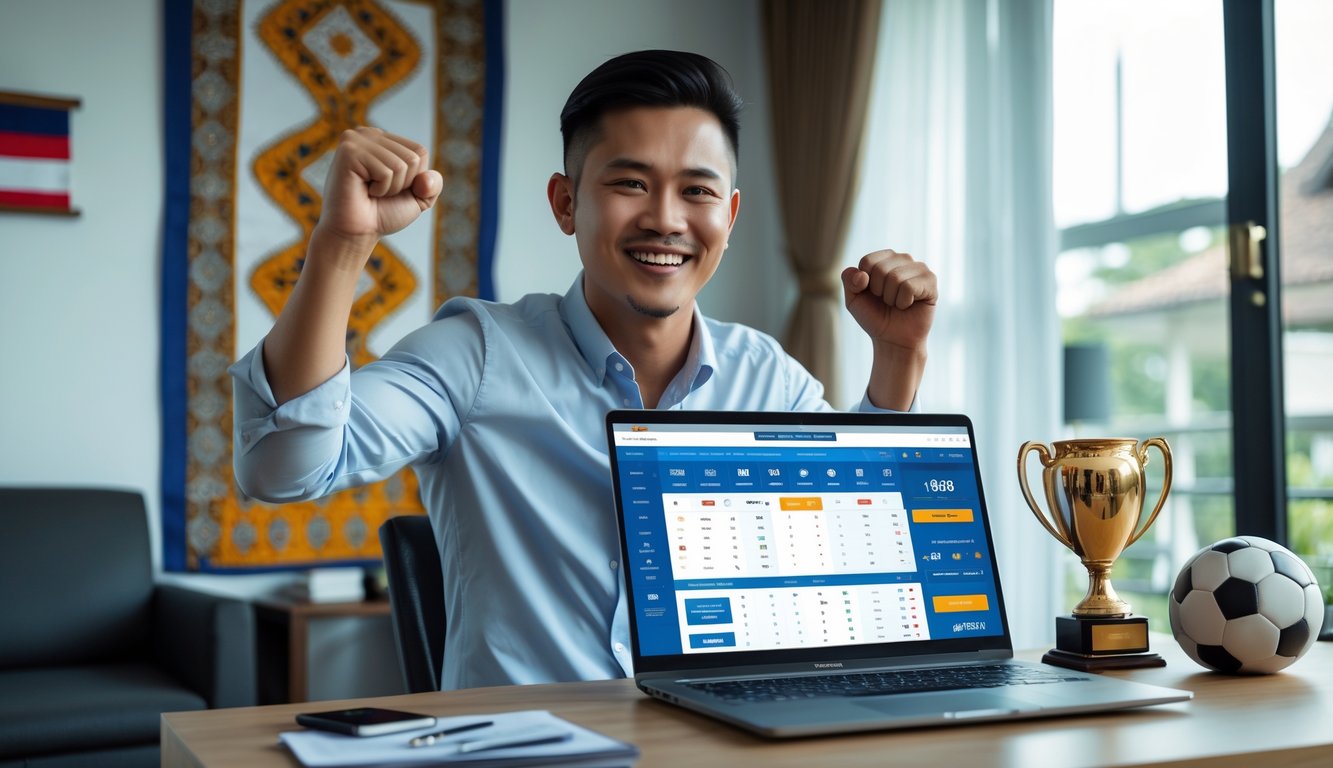 Seorang pria muda Indonesia tersenyum dan mengangkat tinju di depan laptop di meja dengan dekorasi batik dan bendera kecil Indonesia.