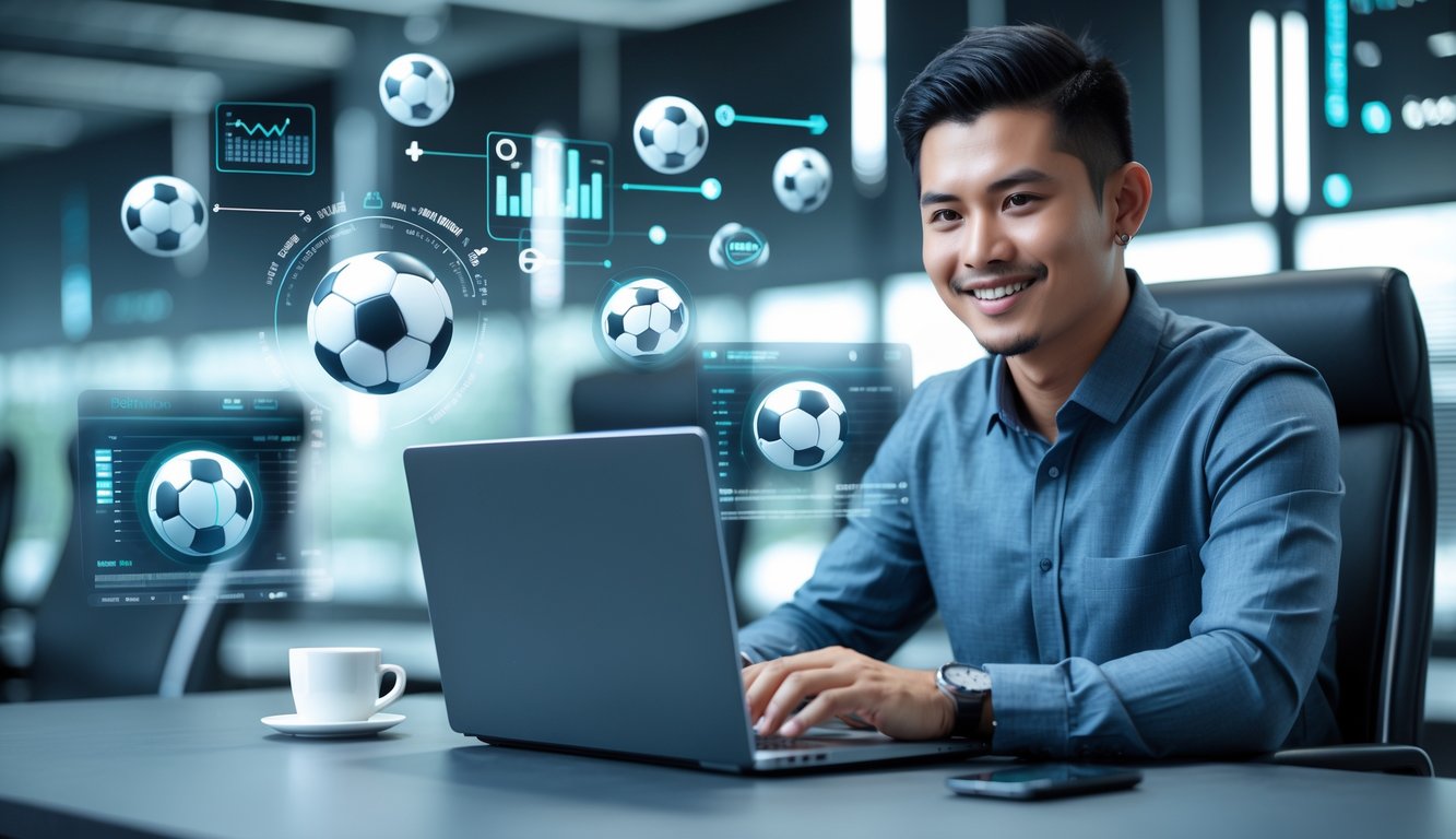Seorang pria muda Indonesia duduk di meja dengan laptop, dikelilingi ikon bola sepak dan grafik yang melambangkan taruhan olahraga online.