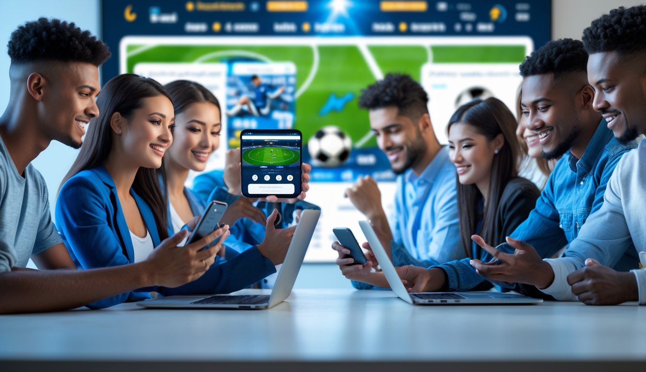 Sekelompok orang muda menggunakan perangkat digital untuk bertaruh pada pertandingan sepak bola secara online di ruang kerja modern.