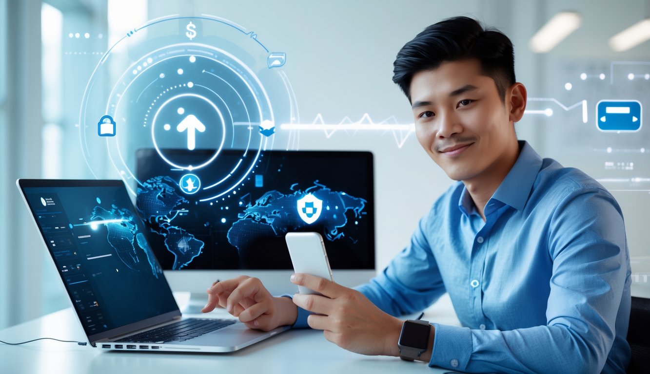 Seorang pria muda menggunakan laptop dan ponsel di ruang kantor modern yang terang, menunjukkan transaksi cepat dan aman pada platform taruhan bola online di Indonesia.