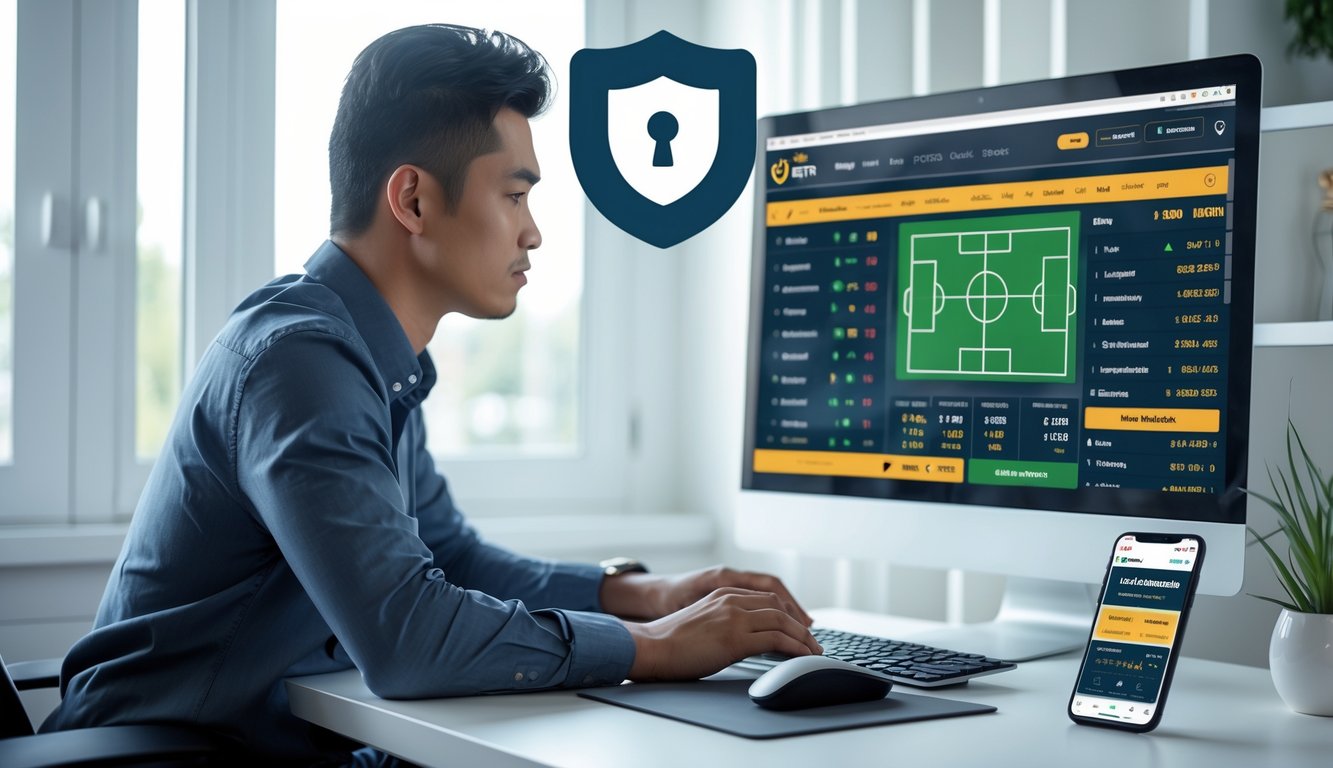 Seorang pria muda Indonesia duduk di meja dengan komputer menampilkan antarmuka taruhan olahraga online, terlihat fokus dan serius.