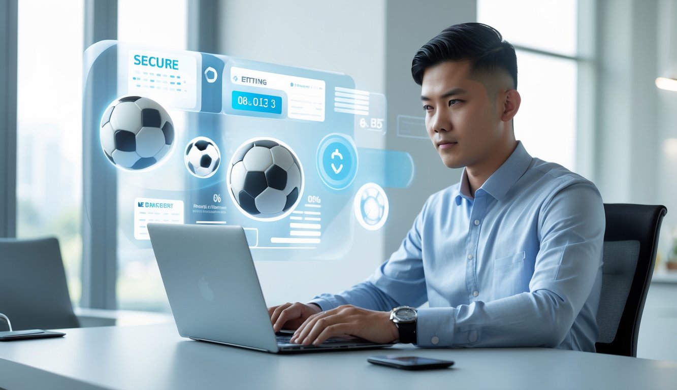 Seorang pria muda Indonesia duduk di meja dengan laptop, fokus menggunakan komputer di ruangan kantor yang terang dan modern.