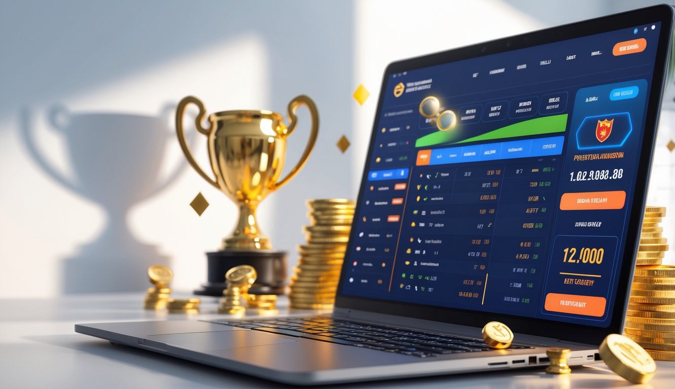 Seorang pria menggunakan ponsel untuk bertaruh pada pertandingan sepak bola secara online dengan latar belakang elemen kemenangan dan simbol Indonesia.