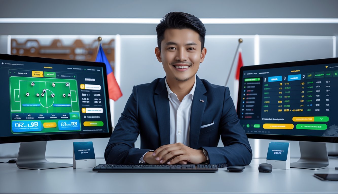 Seorang pria muda tersenyum duduk di meja dengan beberapa perangkat digital yang menampilkan informasi taruhan sepak bola, di latar belakang terlihat elemen budaya Indonesia dan suasana teknologi modern.