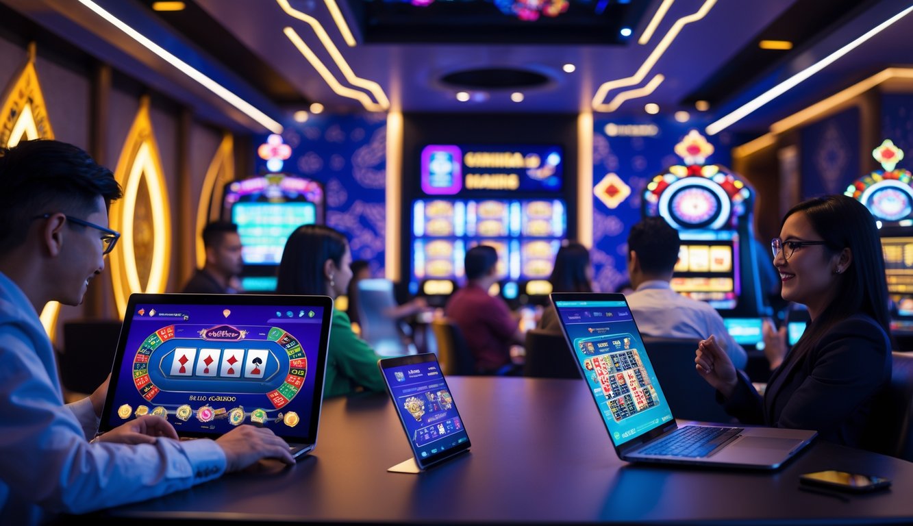 Orang-orang sedang bermain permainan kasino online menggunakan perangkat digital di ruangan modern dengan elemen budaya Indonesia.