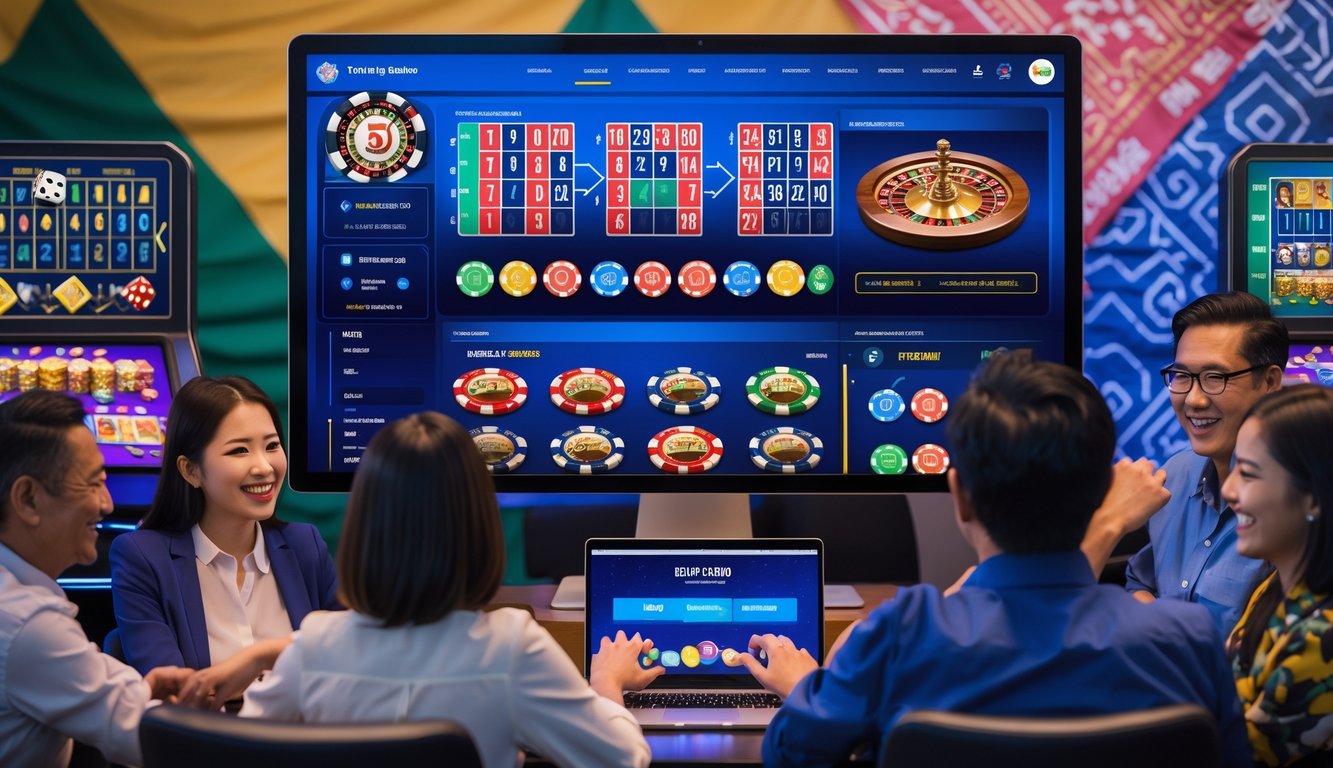 Orang-orang bermain permainan kasino online di perangkat digital dalam ruangan modern dengan latar belakang elemen budaya Indonesia.